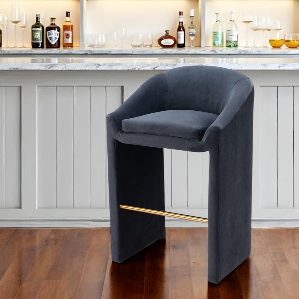 30" Gray And Gold Velvet And Steel Low Back Bar Height Bar Chair