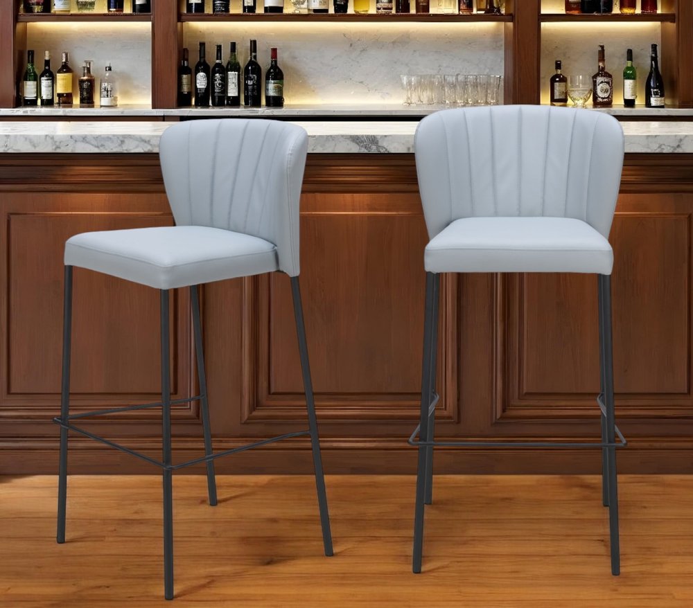 Set of Two 29" Gray And Black Faux Leather And Steel Bar Height Bar Chairs