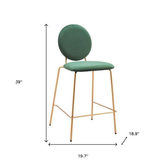 Set of Two 26" Green And Gold Velvet And Steel Counter Height Bar Chairs