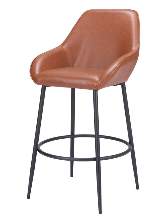 Set of Two 30" Brown And Black Faux Leather And Steel Bar Height Bar Chairs