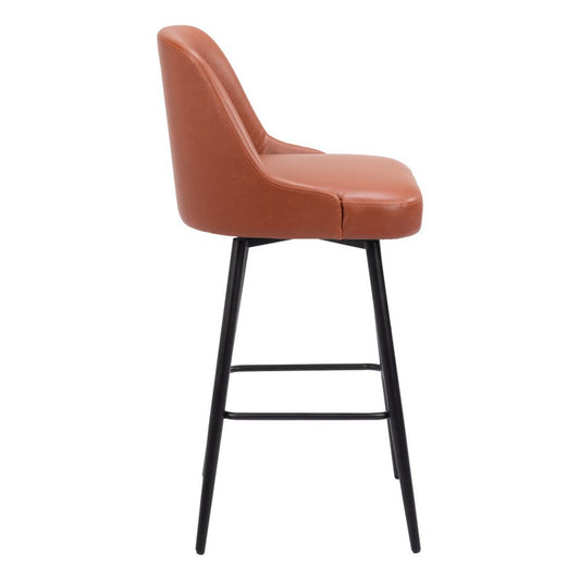 30" Brown And Black Faux Leather And Fabric And Steel Bar Height Swivel Bar Chair