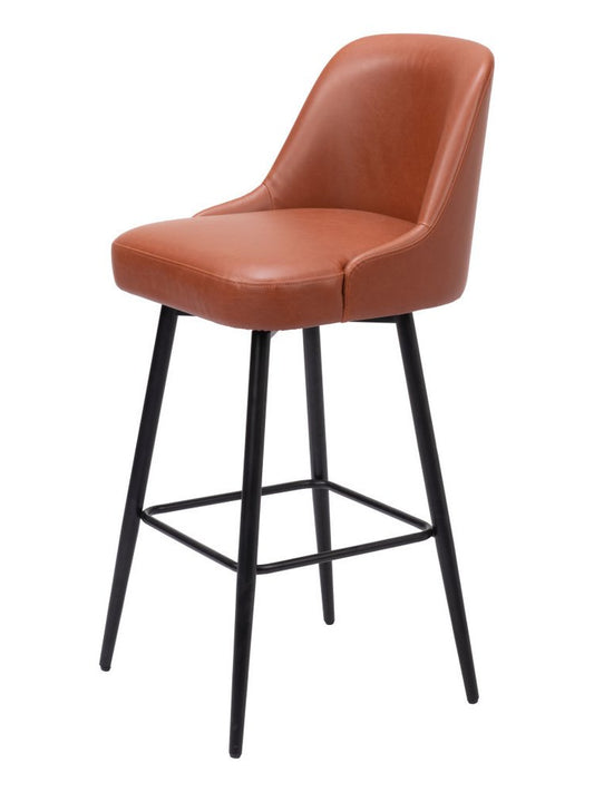 30" Brown And Black Faux Leather And Fabric And Steel Bar Height Swivel Bar Chair