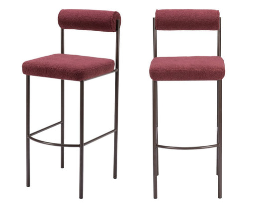 Set of Two 30" Red and Bronze Shearling and Steel Low Back Bar Height Bar Chairs