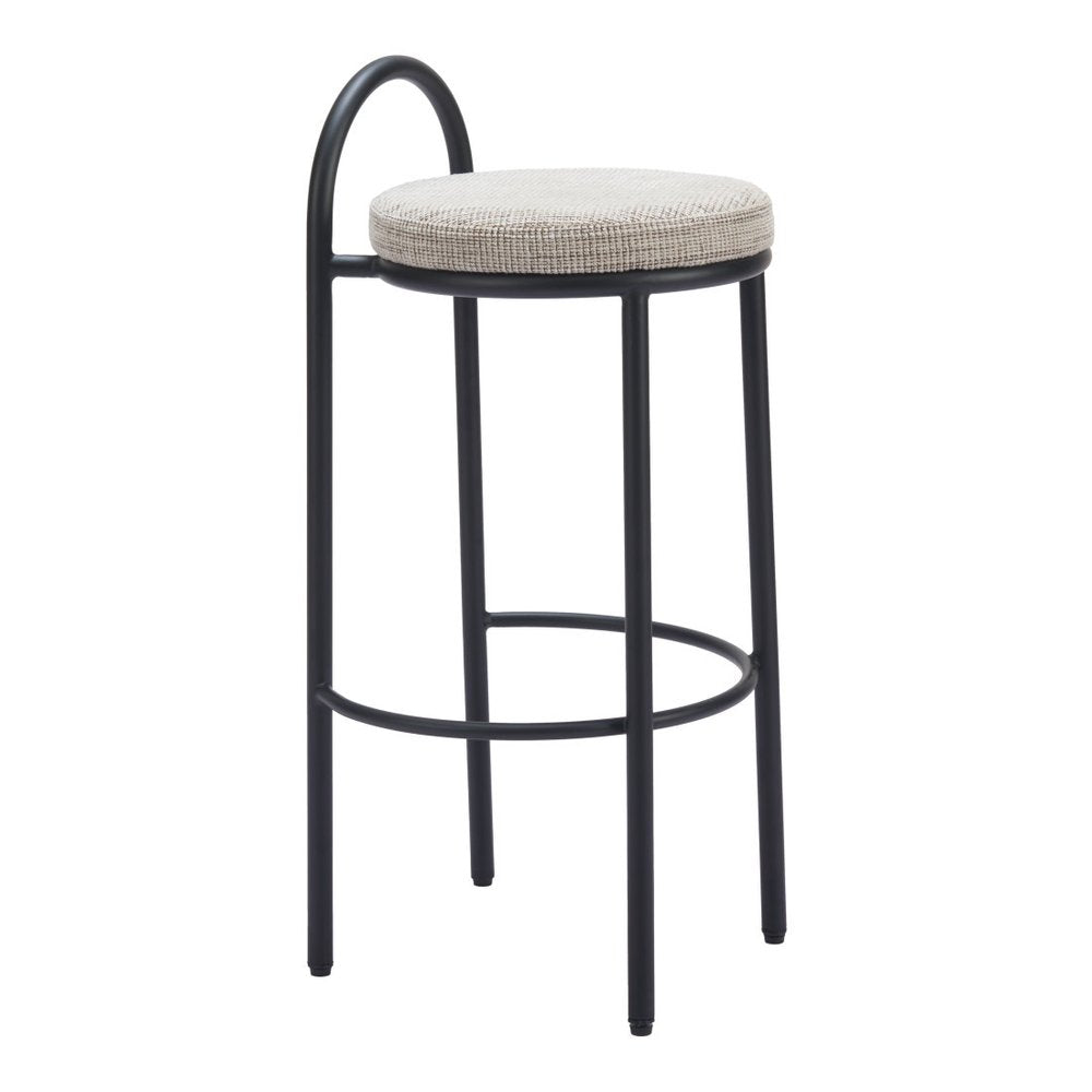 Set of Two 30" Beige and Black Chenille and Steel Low Back Bar Height Bar Chairs