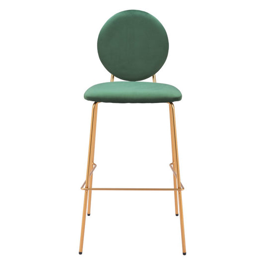 Set of Two 30" Green and Gold Velvet and Steel Bar Height Bar Chairs