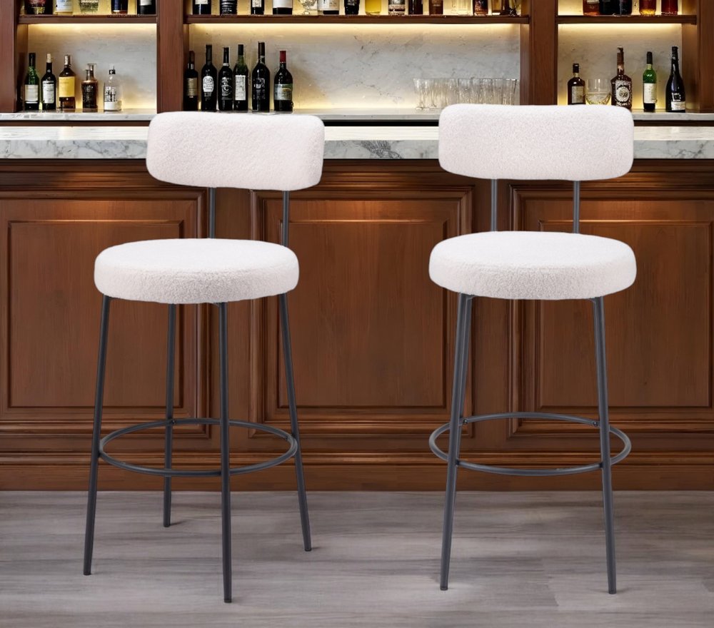 Set of Two 29" Ivory And Black Shearling And Steel Low Back Bar Height Bar Chairs