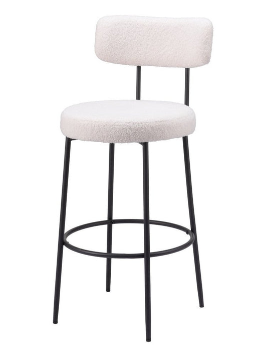 Set of Two 29" Ivory And Black Shearling And Steel Low Back Bar Height Bar Chairs