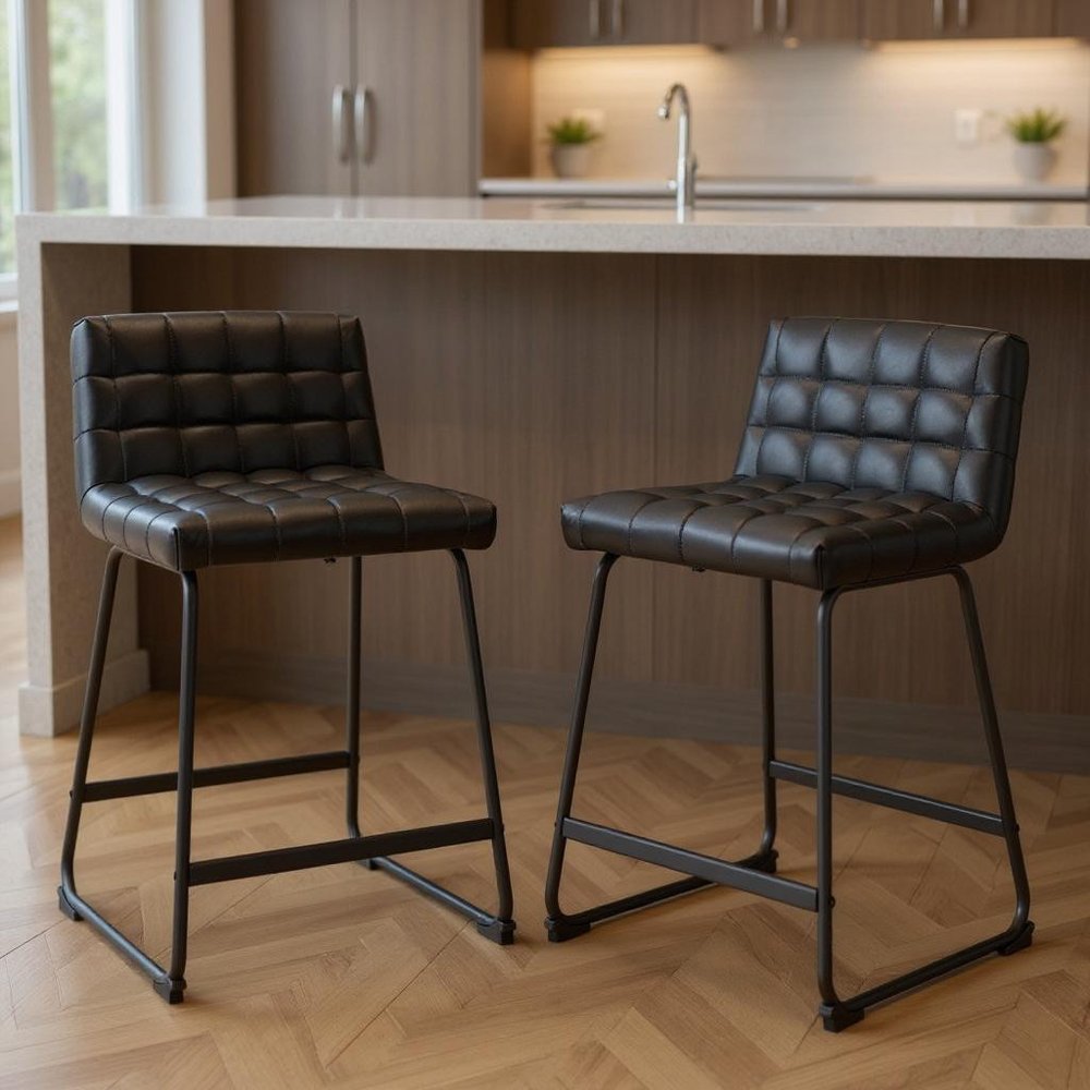 Set of Two 26" Black Faux Leather and Steel Counter Height Bar Chairs