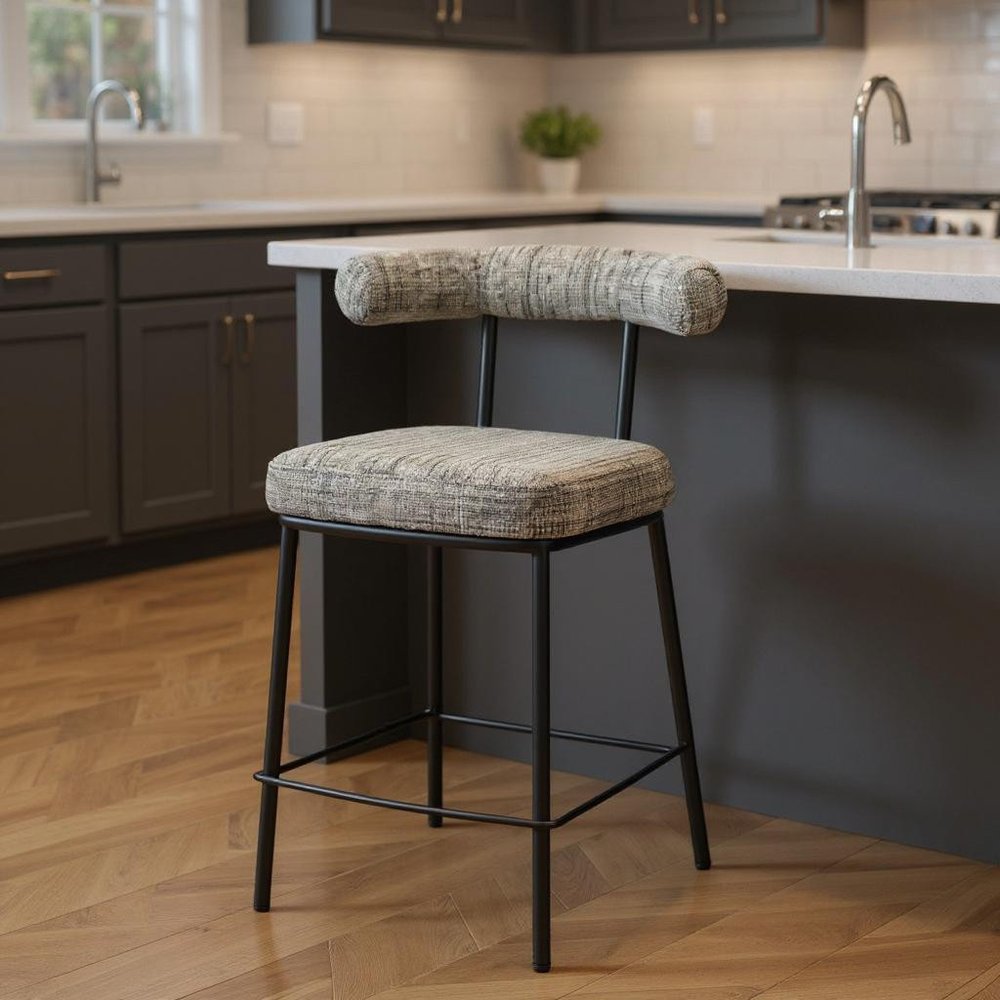 26" Green and Black Chenille and Steel Low Back Counter Height Bar Chair