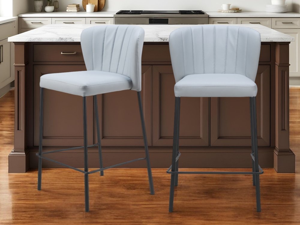 Set of Two 26" Gray And Black Faux Leather And Steel Counter Height Bar Chairs