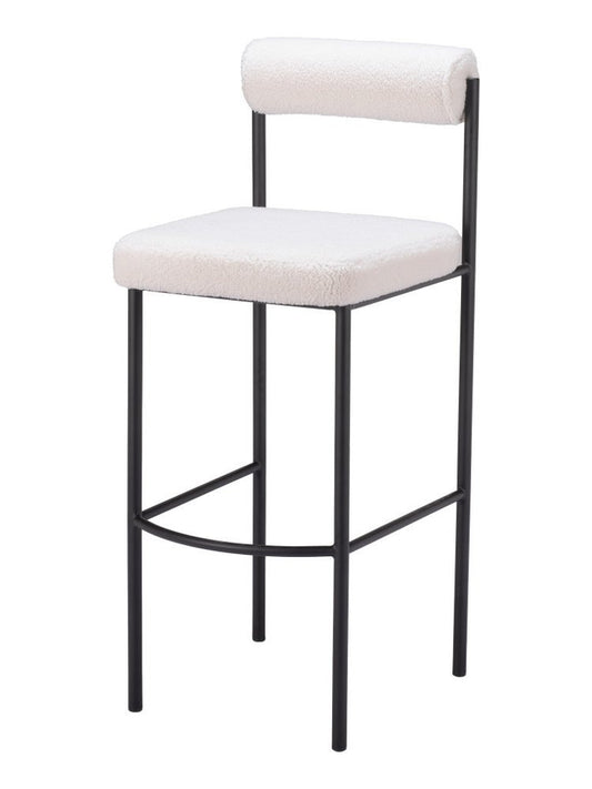 Set of Two 30" Ivory And Black Shearling And Fabric And Steel Low Back Bar Height Bar Chairs