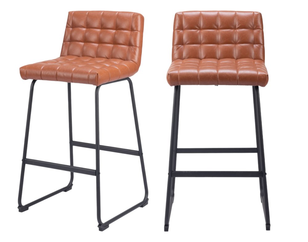 Set of Two 30" Brown And Black Faux Leather And Steel Bar Height Bar Chairs