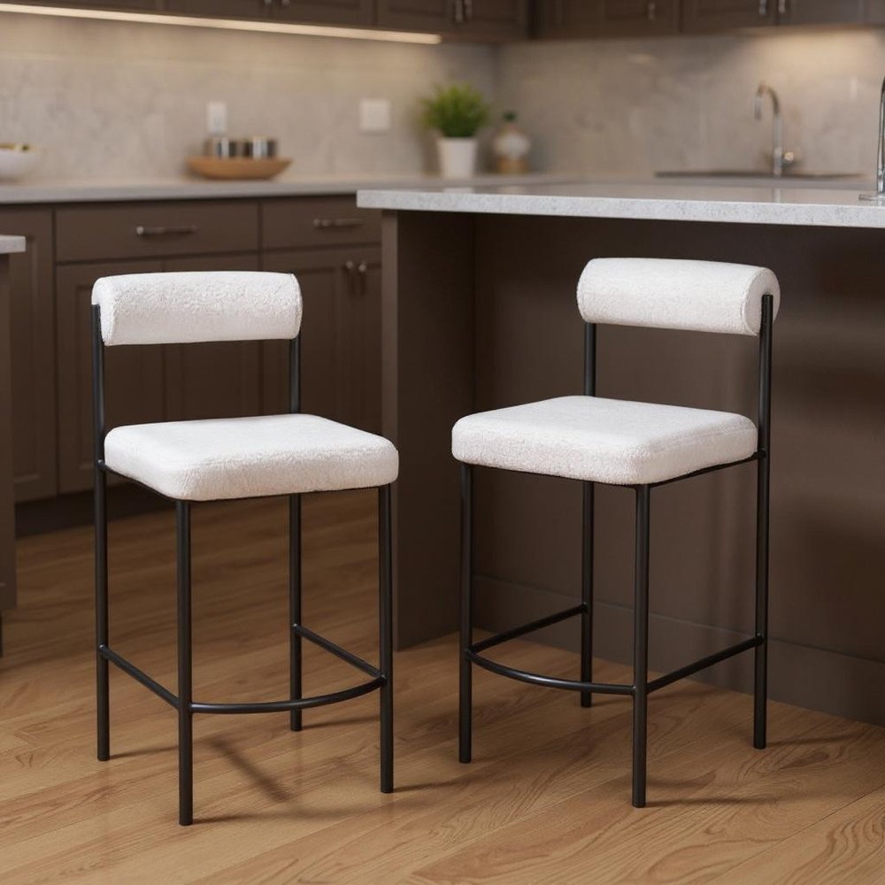 Set of Two 26" Ivory and Black Faux Shearling and Steel Low Back Counter Height Bar Chairs