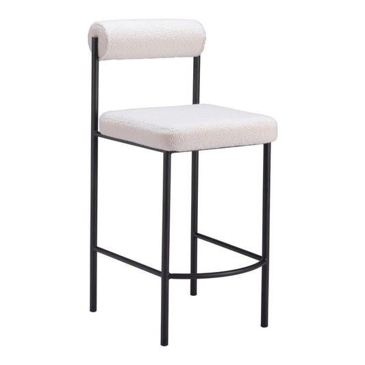 Set of Two 26" Ivory and Black Faux Shearling and Steel Low Back Counter Height Bar Chairs