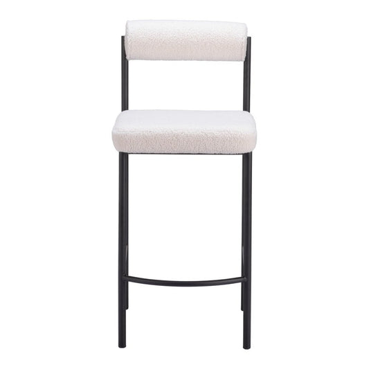 Set of Two 26" Ivory and Black Faux Shearling and Steel Low Back Counter Height Bar Chairs