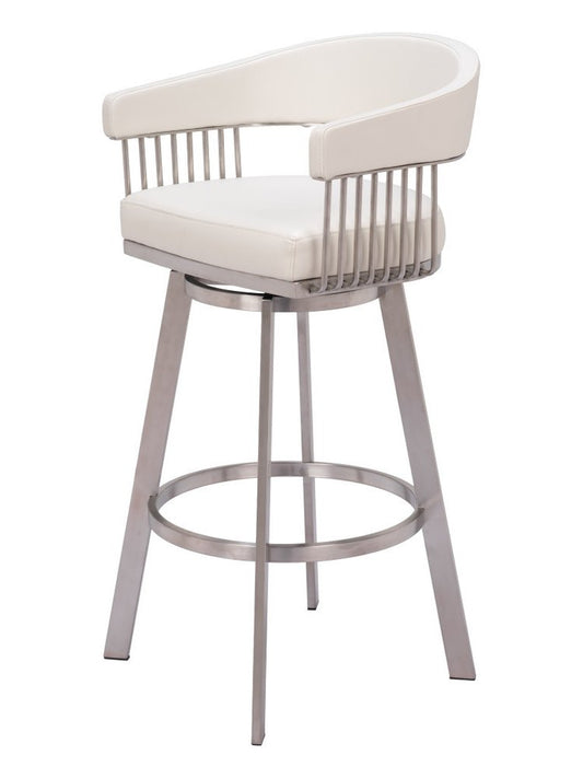 31" White And Silver Faux Leather And Fabric And Steel Low Back Bar Height Swivel Bar Chair