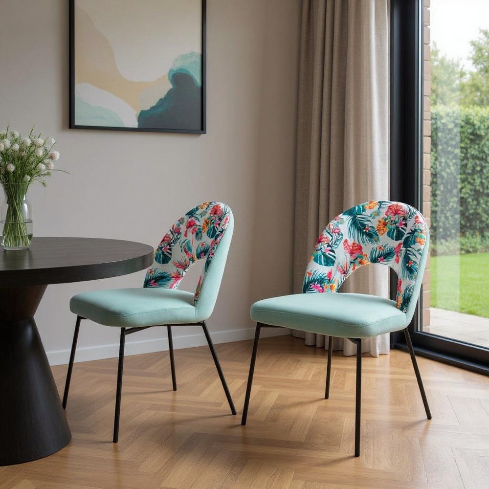 Set of Two Green and Black Velvet And Steel Tropical Floral Dining Side Chairs