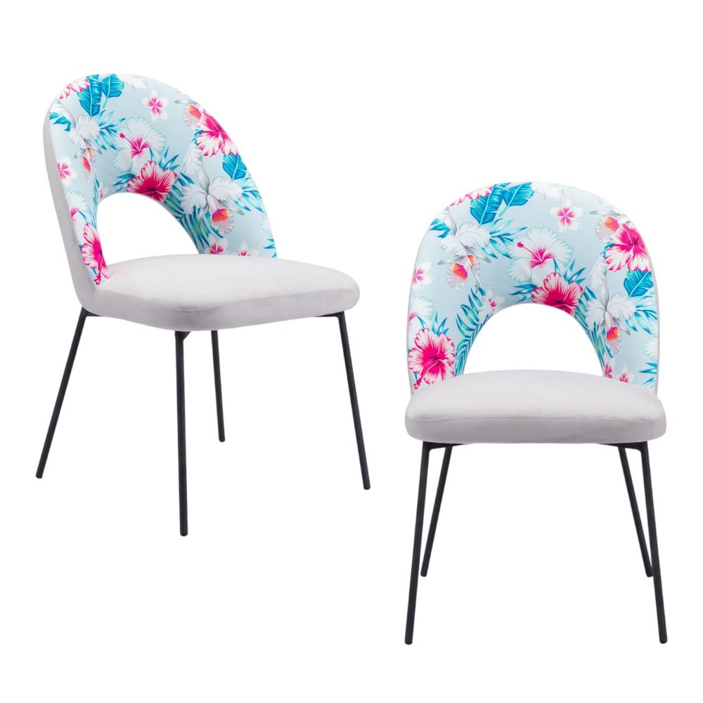 Set of Two Gray and Black Velvet And Steel Velvet And Steel Tropical Floral Dining Side Chairs