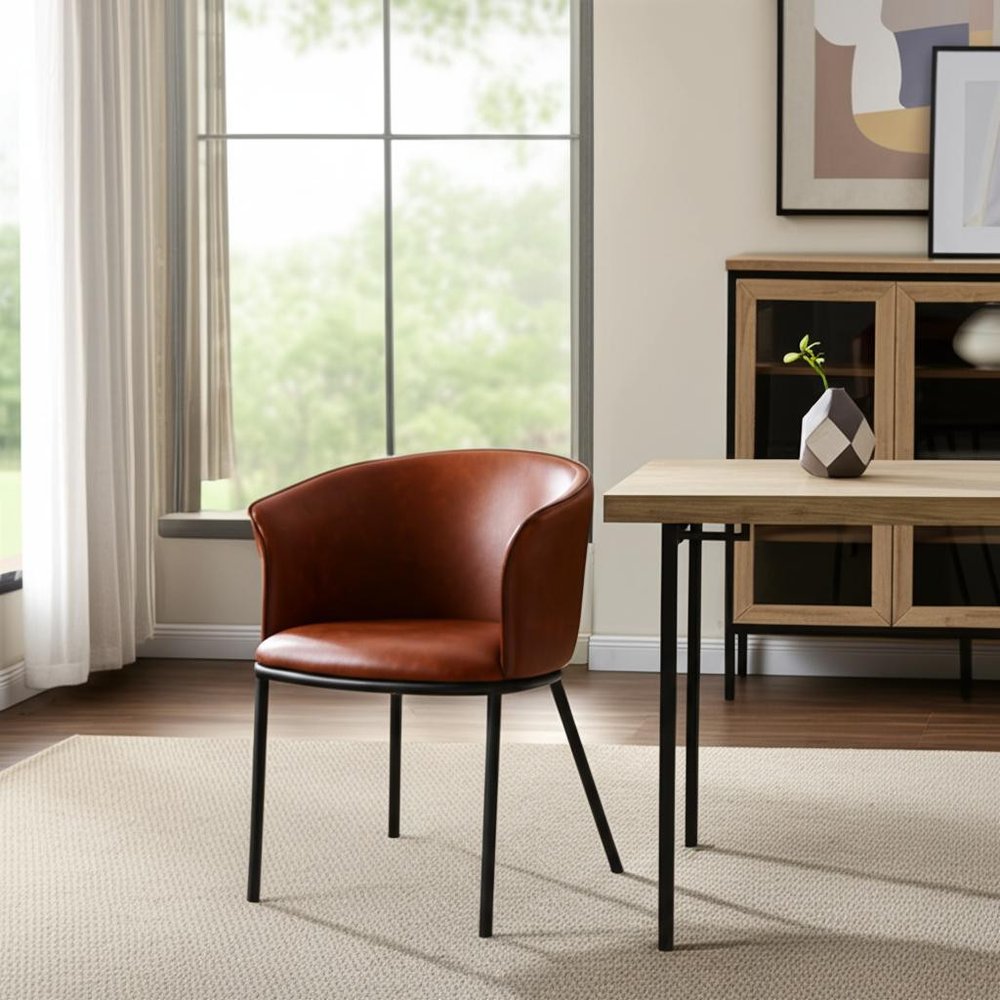 Brown and Black Upholstered Faux Leather Dining Arm Chair