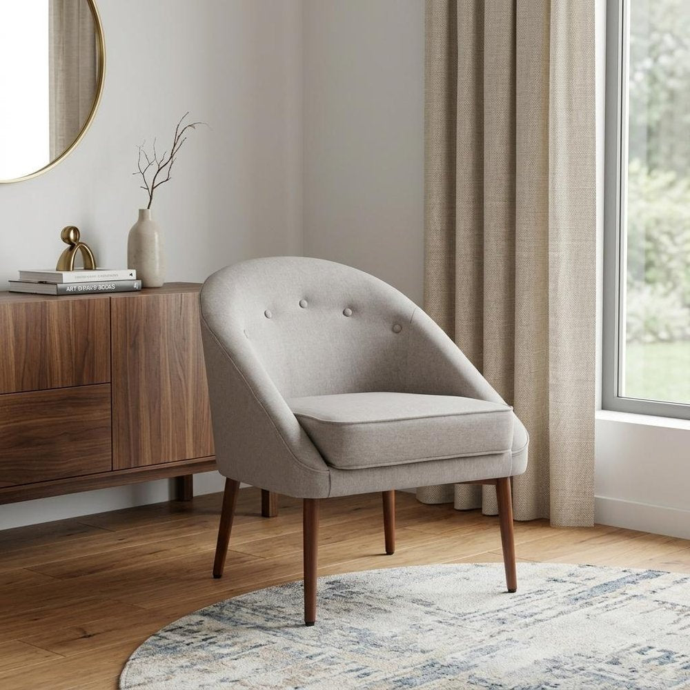 28" Gray And Brown Fabric And Upholstered Tufted Barrel Chair