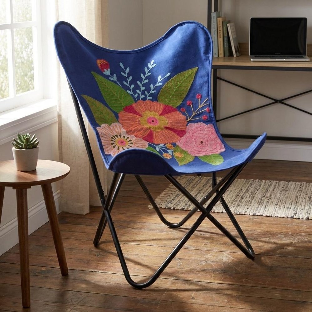 26" Blue And Black Tropical Butterfly Chair