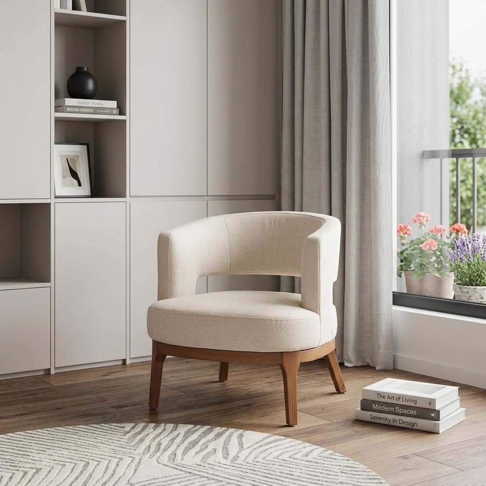 27" Beige And Brown Upholstered Arm Chair