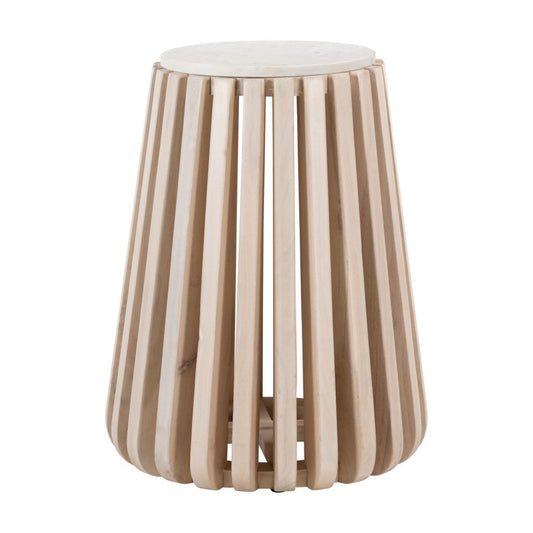 23" White and Natural Distressed Marble and Wood Round Drum End Table
