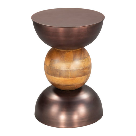 20" Bronze and Brown Iron and Solid Wood Round Pedestal End Table