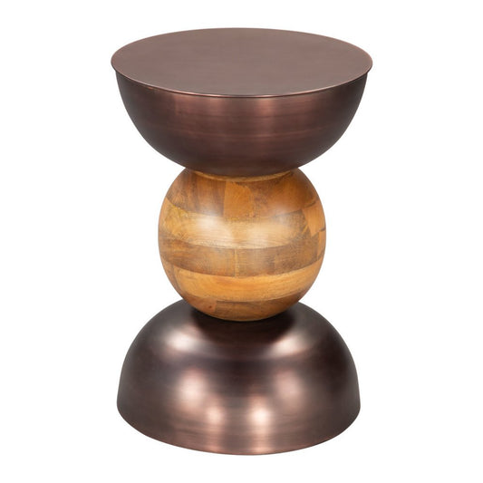 20" Bronze and Brown Iron and Solid Wood Round Pedestal End Table