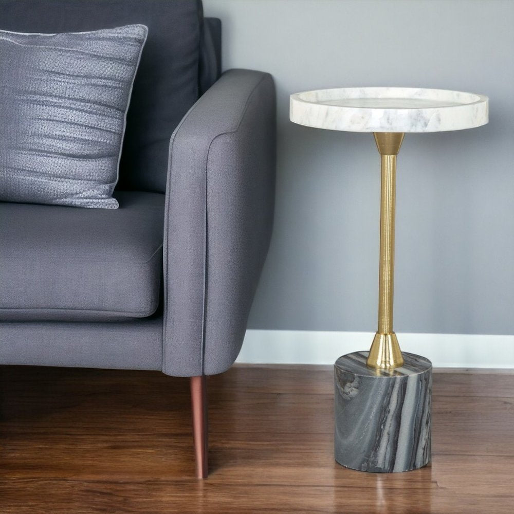 22" Gold Gray And White Marble And Iron Round Pedestal End Table