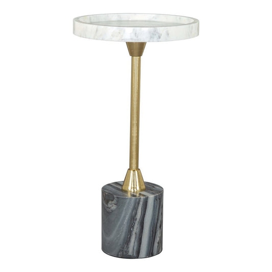 22" Gold Gray And White Marble And Iron Round Pedestal End Table