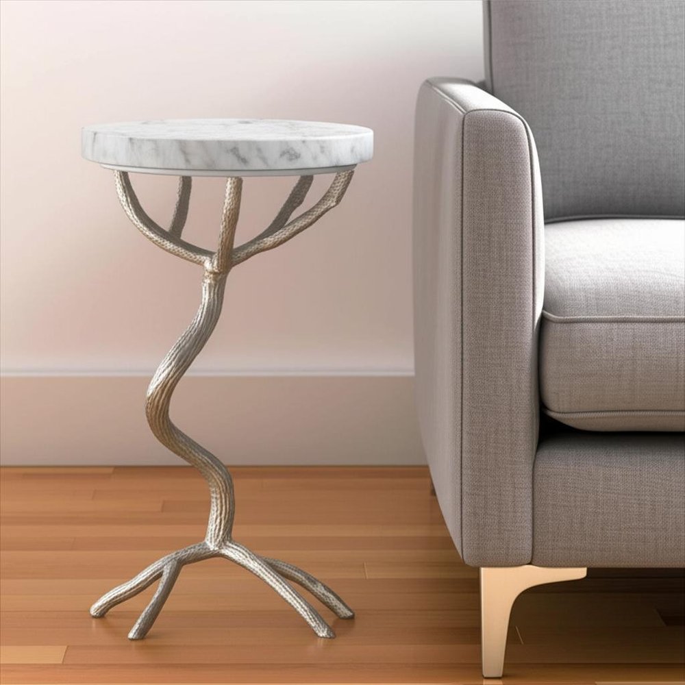 22" Silver And White Marble Round End Table