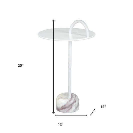 25" White Iron And Marble Round Pedestal End Table
