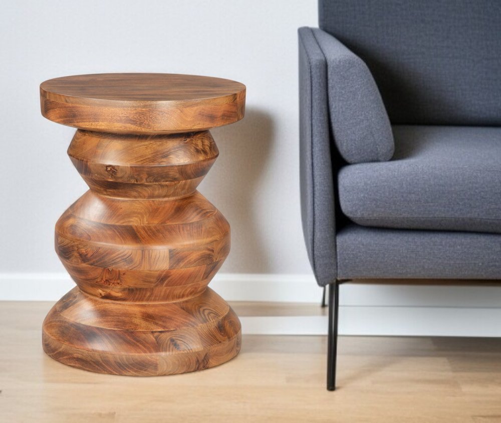 21" Brown Solid Wood Round Pedestal End Table