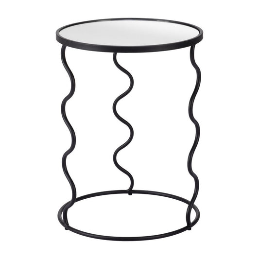 24" Black Mirrored Glass and Steel Round Abstract End Table