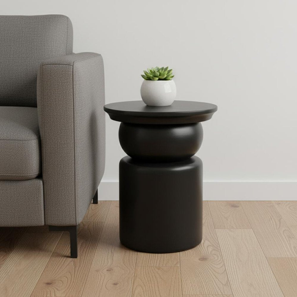 20" Black Solid Wood Round Drum End Table