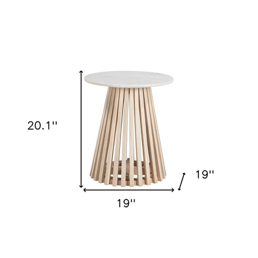 20" White and Natural Distressed Marble and Solid Wood Round Pedestal End Table