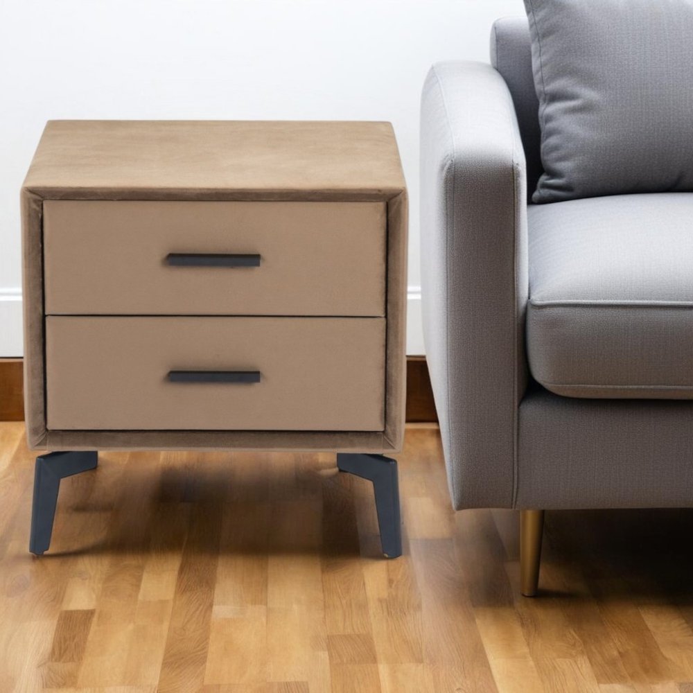 20" Brown and Black Velvet Wood and Steel End Table With Two Drawers