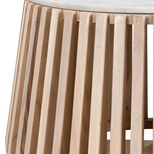 34" White and Natural Genuine Marble and Wood Round Drum Coffee Table