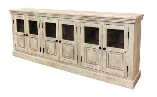 93" Antiqued White Distressed Solid Wood Sideboard with Six Glass Doors