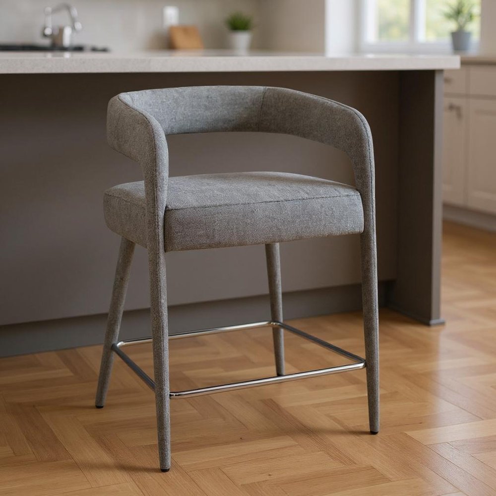 25" Gray Metal and Fabric Low Back Counter Height Bar Chair