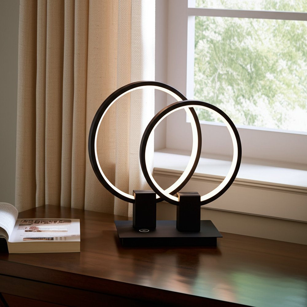 15" Black Metal Two Light Mod Round Circle LED Table Lamp