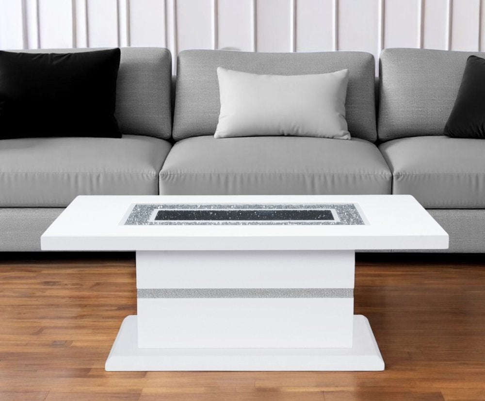 52" White Wood And Faux Crystal Pedestal Coffee Table