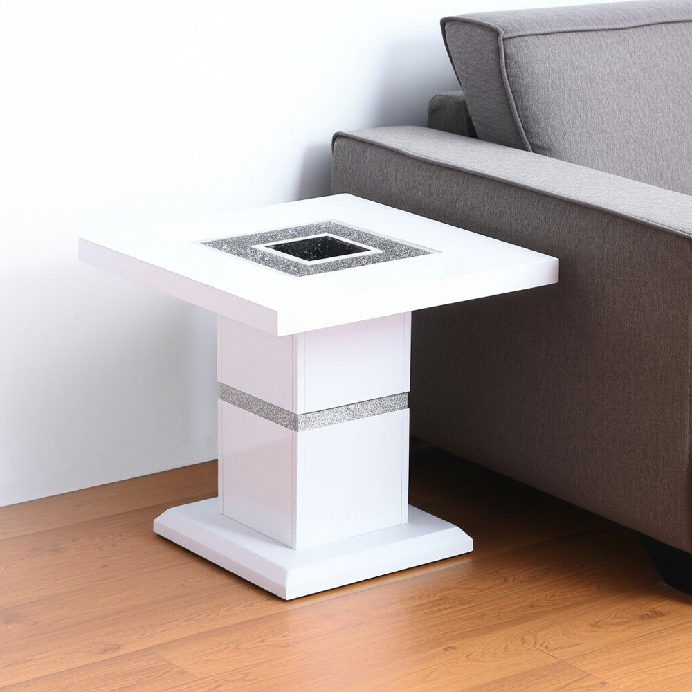 24" White and Silver Glass and Wood Faux Crystal Bling Square Pedestal End Table