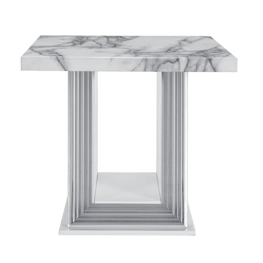 24" White and Silver Faux Marble and Wood Pedestal End Table