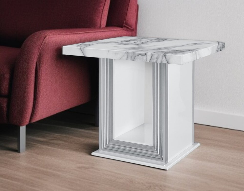 24" White and Silver Faux Marble and Wood Pedestal End Table