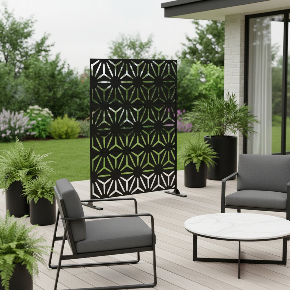 75" Black Steel Three Panel Screen Room Divider