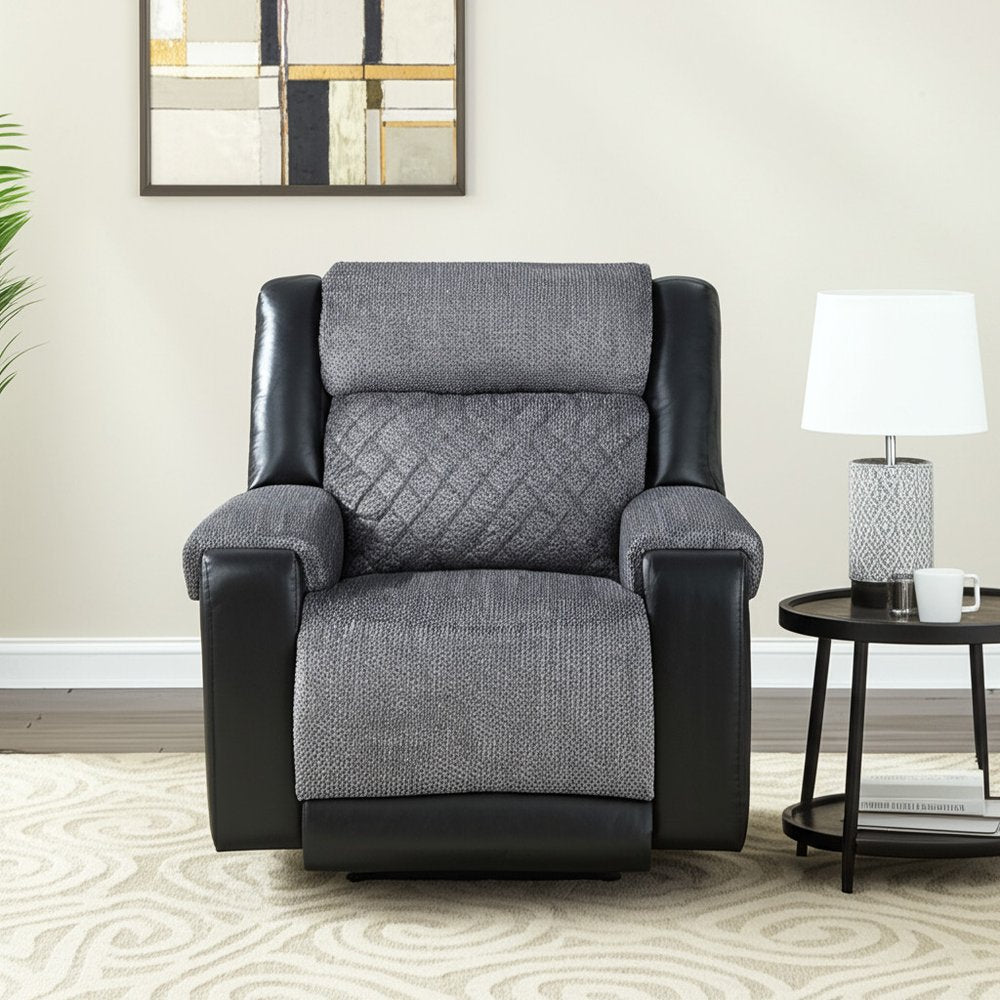 39" Black And Gray Faux Leather And Fabric Manual Recliner