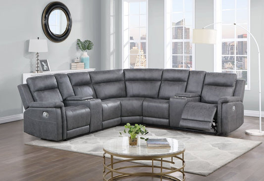 Gray Faux Leather Reclining Curved Corner Sectional With Console