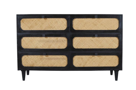 56" Black And Natural Solid Wood And Rattan Six Drawer Double Dresser